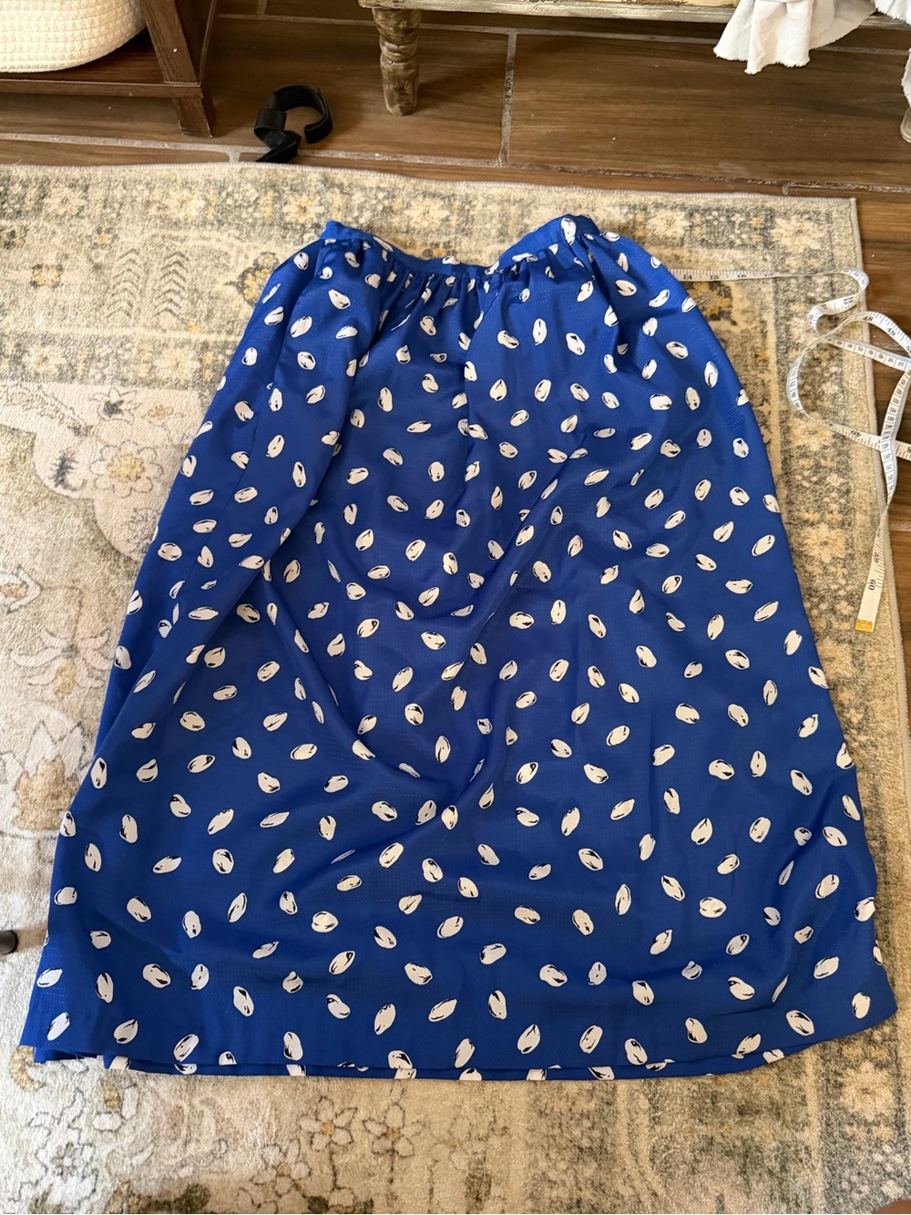 Blue Midi Skirt with Cream Abstract Dot Print